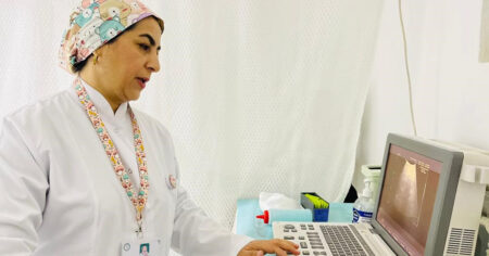 Gynekologen Najmussama Shefajo granskar ett ultraljud på en datorskärm.