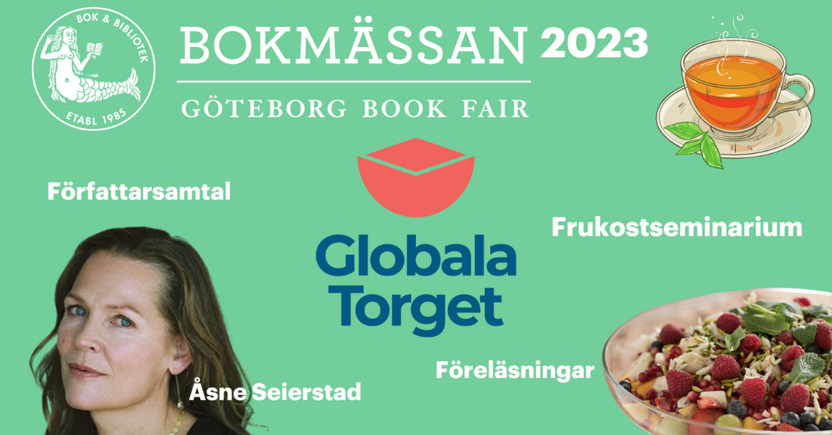 SAK på Bokmässan 2023 och Globala Torget. Bild på Åsne Seierstad och skul med bär och nötter samt te.