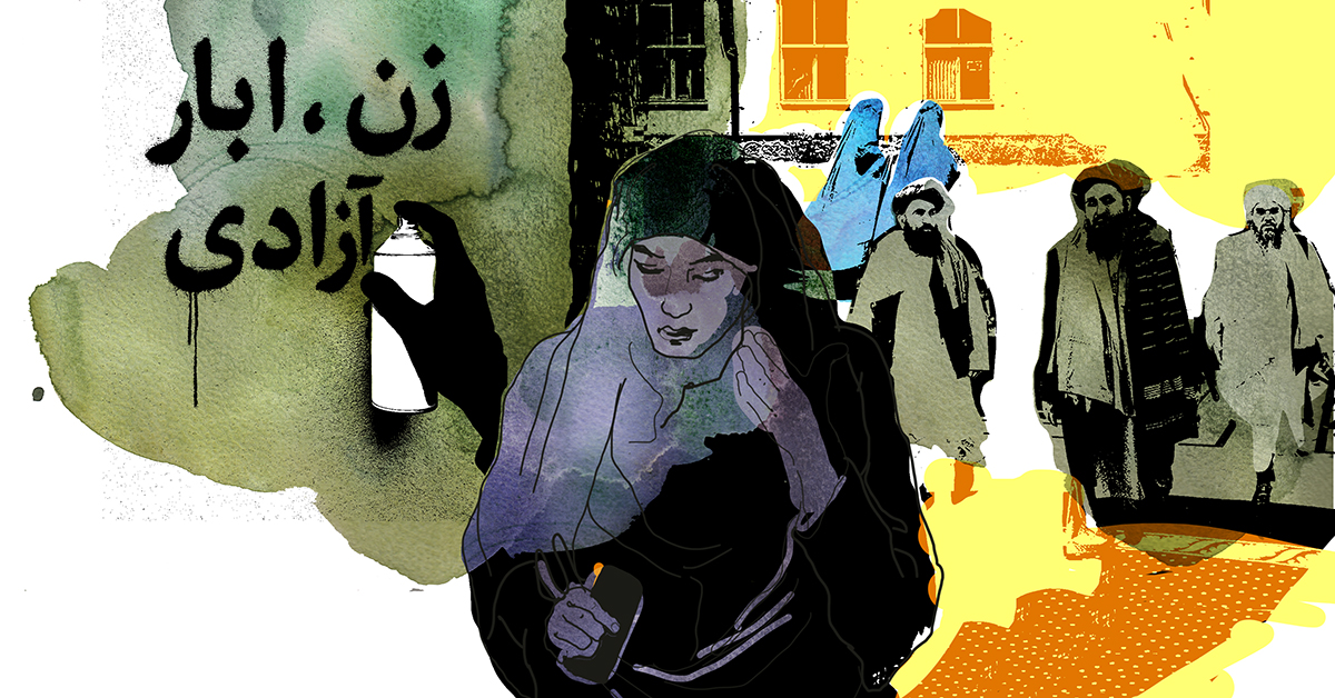 Teckning över en kvinna i täckande kläder men med ansiktet synligt och som gömmer en telefon, med traditionellt klädda män med turbaner och skägg bakom sig och ännu längre bort, två kvinnor i burka.